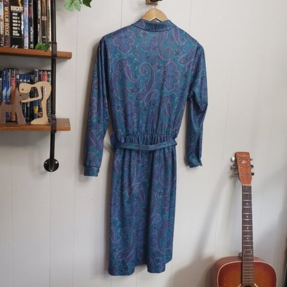 Vintage 70s 80s Secretary Office Midi Dress Blue Paisley Career Boho MCM… - Picture 4 of 13